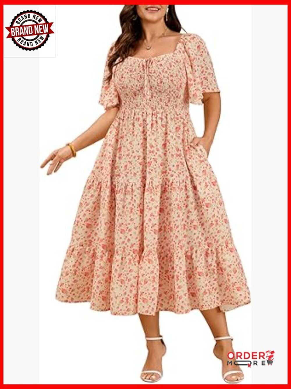 Plus Size Flowy Maxi Dress Flutter Short Sleeve Square Neck Smocked Boho Formal